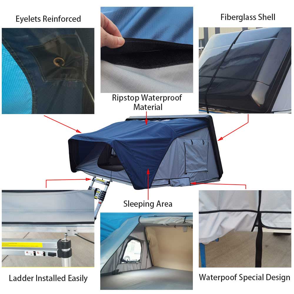 Customized 2500Mm 420D Fiberglass Reinforce Plastic 4 Person Largest Roof Top Tent Hard Shell Insulated